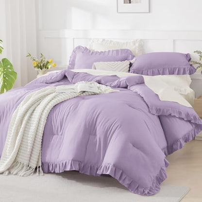 Andency Oversized King Comforter Set,3 Pieces Lavender Ruffle Bedding Set