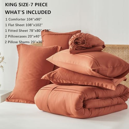 Yogeneg King Size Comforter Set 7 Piece Bed in a Bag,Grid Pinch Pleat Terracotta Bedding Set,Striped Textured Soft Microfiber Comforter with Sheet Set,All Season Complete Bed Set(Terracotta,King)
