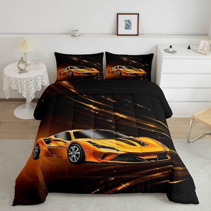 Feelyou Boys Yellow Race Car Bedding Set Toddle Size Speed Sports Car Comforter Set for Kids Teens Adult Fast and Furious Duvet Set Yellow Ombre Quilt Set 2Pcs