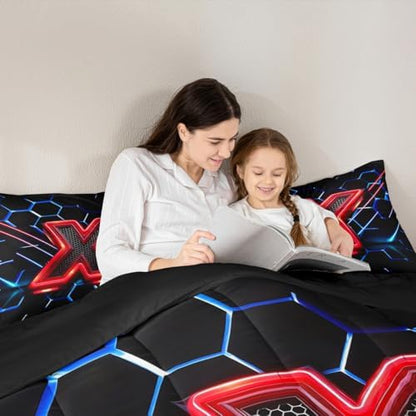 Manfei Geometric Honeycomb Kids Comforter Set Twin Size,Blue Neon Hexagon Abstract Bedding Set for Boys Girls Man Room Decor,Light Gaming Fashion Down Comforter,Red Black Duvet Insert,1 Pillowcase