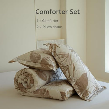 King Size Comforter - 100% Cotton Beige Botanical Floral Reverssible Print Comforter Set, Hypoallergenic and Breathable Bedding Set for All Season, 3 Pieces, 104"x90"