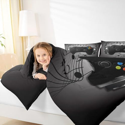 Gamer Comforter Set Full Size,Black Grey Headphones Musical Design Games Gamepad Bedding Set for Kids Boys Video Game Room Decor Retro Playing Gamer Down Comforter Gaming Controller Quilted Duvet Set