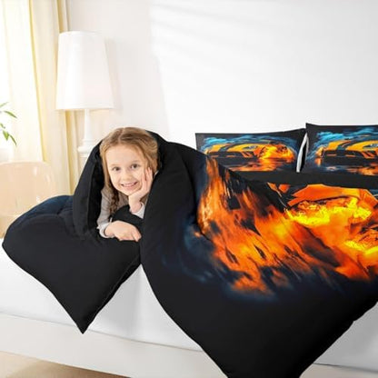 Erosebridal Boys Race Car Full Size Bedding Set Kids Racing Car Comforter Extreme Sports Gaming Comforter Set for Boys Cool Cars Room Decor Car Sports Quilt Set with 2 Pillowcases,Orange and Black