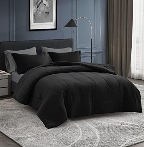 Maple&Stone Queen Comforter Set 7 Pieces Bed in a Bag Black Bedding Set