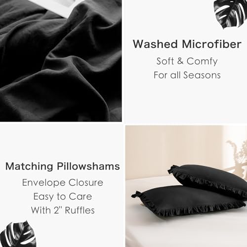 Masaca Black Ruffled Comforter King,Shabby Boho Chic Farmhouse King Bedding Comforter 3 Pieces Vintage Ultra Soft Rustic Bedding for All Season