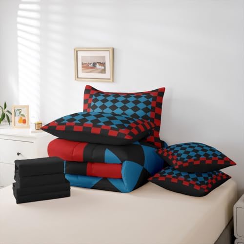 Feelyou Checkered Retro Twin Comforter Set with Sheets for Kids Boys Girls Red Blue Black Plaid 7 Pieces Bedding Set Geometric Vintage Bed in a Bag Modern Simple Groovy Aesthetic Room Decor Soft