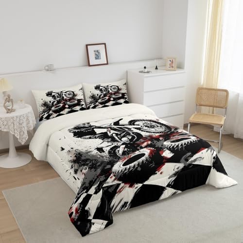 Feelyou Dirt Bike Comforter Set Toddler Size Motorbike Bedding Set Ultra Soft Racing Motocross Rider Comforter for Kids Boys Girls Extreme Sports Duvet Quilt Bedroom Decor Cool Quilt
