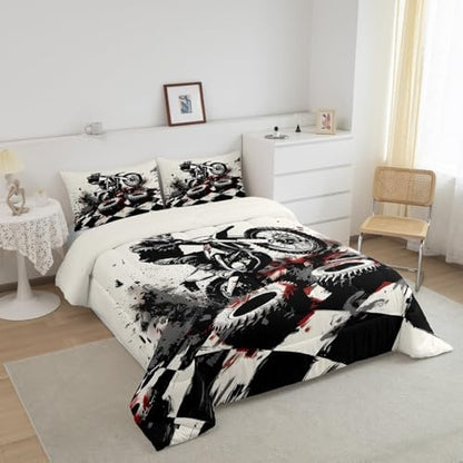 Feelyou Dirt Bike Comforter Set King Size Motorbike Bedding Set Ultra Soft Racing Motocross Rider Comforter for Kids Boys Girls Extreme Sports Duvet Quilt Bedroom Decor Cool Quilt