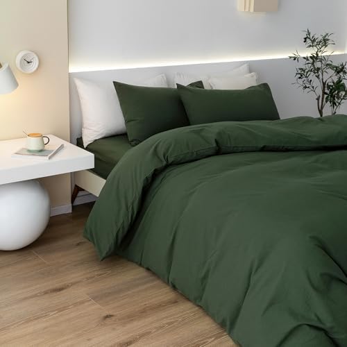 JIYUAN Queen Washed Cotton Duvet Cover Set, 3-Piece, Relaxed Linen Feel