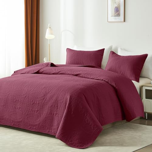 akkialla Burgundy Full/Queen Quilt Set, Ultrasonic Lightweight Bedspread Coverlet for Modern Minimalist Bedroom, Soft Microfiber Coin Pattern Bedding, 3-Piece (1 Quilt, 2 Pillow Shams)