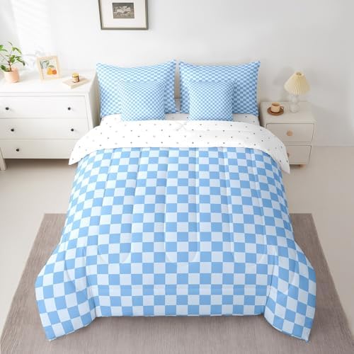 jejeloiu Blue Bedding Set 7Pcs Queen Size Kids Buffalo Plaid Comforter Set with Sheets for Boys Girls Checkered Grid Bed in a Bag Soft Lightweight,Microfiber