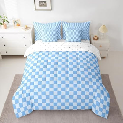 jejeloiu Blue Bedding Set 7Pcs Queen Size Kids Buffalo Plaid Comforter Set with Sheets for Boys Girls Checkered Grid Bed in a Bag Soft Lightweight,Microfiber