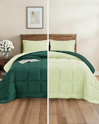 Queen Comforter Set - 7 Piece Reversible Bed in a Bag - Light Sage/Emerald