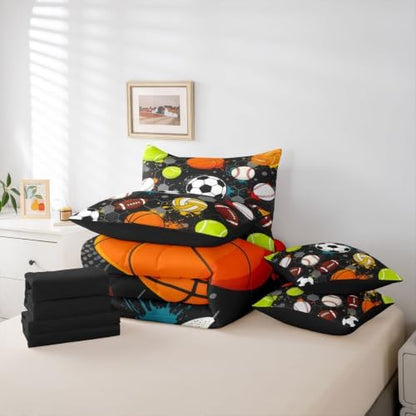 Feelyou Soccer Baseball Football Comforter Set King Size 7 Pieces Ball Game Bedding Set for Kids Boys Girls Honeycomb Bed in a Bag with Comforter, Sheets, Pillowcases, Cushion Covers Lightweight
