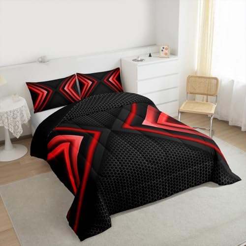 Geometric King Size Comforter Set,Kids Red and Black Decor All Season Bedding Set,Teens Sports Gaming Comforter,Modern Hexagon Decor Quilt Set Bedroom Collection 3Pcs