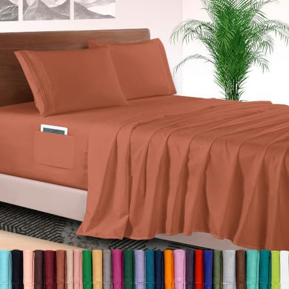 Elegant Comfort 4-Piece Bed Sheet Set - Luxury Bedding 1500 Premium Hotel Quality Microfiber, All Around Elastic 18-24 Inches Deep Fitted Sheet- Extra Deep Pocket Sheets, Queen, Coral