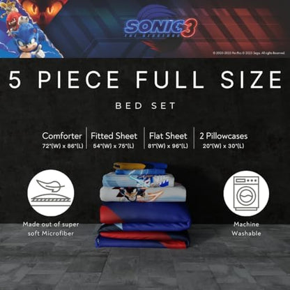 Franco Sonic The Hedgehog 3 Movie Kids Bedding Super Soft Comforter and Sheet Set, 5 Piece Full Size, (Officially Licensed Product)