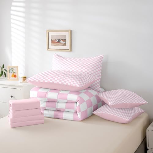 jejeloiu Pink and White Bedding Set 7Pcs Full Size Kids Plaid Checkered Comforter Set with Sheets for Boys Girls Classic Grid Buffalo Check Bed in a Bag Soft Lightweight,Microfiber