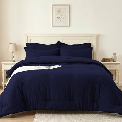 King Size Comforter Set 7 Pieces - Soft Bed in a Bag King Bed Set, Cozy Luxury Bedding Sets with All Season Comforter, Flat Sheet, Fitted Sheet, 2 Pillowcases & 2 Shams, Navy Blue