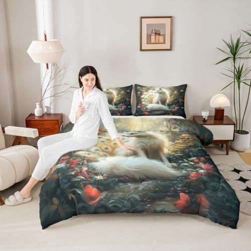 Nine-tailed Fox Kids Comforter Set Full Size,Poppy Flowers Leaf Botanical Natural Bedding Set,Girls Boys Room Decor,Wildlife Animals Mysterious Quilt Comforter,Rustic Duvet Insert,2 Pillowcases