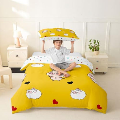 Pig Duvet Cover Cartoon Animal Bedding Set Cute Pigs Printed Decor Yellow Comforter Cover for Kids Teen Girls Boys Soft Microfiber Reversible Bedspread,1 Duvet Cover with 1 Pillowcase, Twin Size