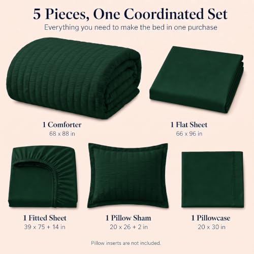 CozyLux Twin Comforter Set, 5 Pieces Emerald Green Seersucker Bed in a Bag