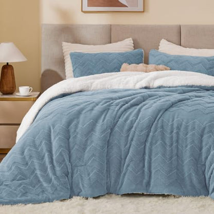 BEDELITE Fluffy Sherpa Queen Comforter Set,Blue Fog