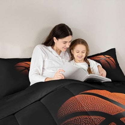 Castle Fairy Basketball Print Black and Orange Comforter Set Twin Size for Children,Teens Boys Kids Sports Bedding Set,Basketball Comforter Set 2 Pieces with 1 Pillowcases Quilt Set,Sport Style