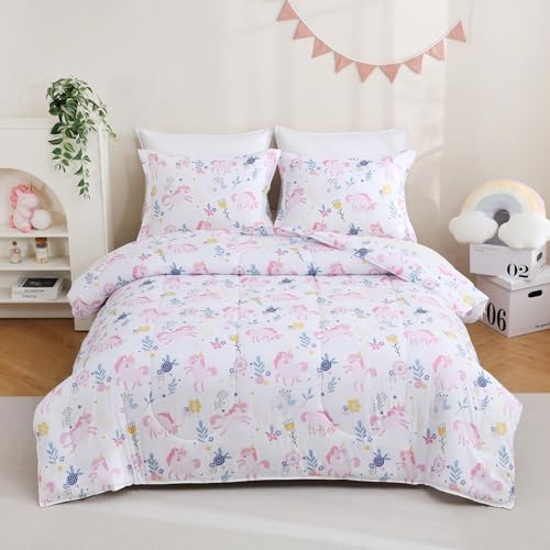 Yibeizi Unicorn Bed Comforter Set Twin Pink Girls Floral Bedding