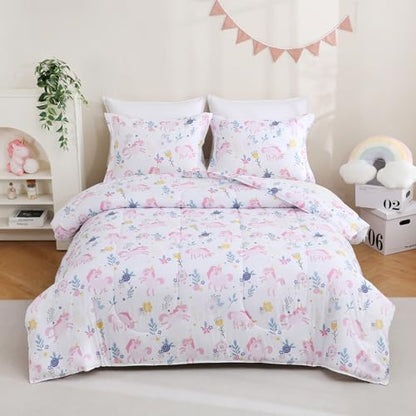 Yibeizi Unicorn Bed Comforter Set Twin Pink Girls Floral Bedding