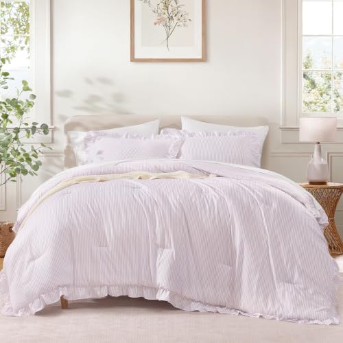 Andency Grey Pink Striped Full Ruffle Comforter Set, 3 Pieces