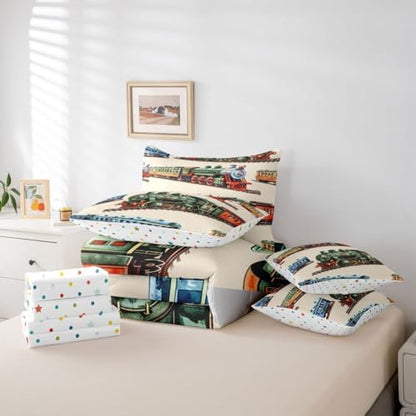 Erosebridal Boys Train Queen Bed in A Bag for Home, Vintage Steam Train Comforter Set with Sheets, Steam Engine 7-Piece Bedding Set, Transportation Vehicle Bed Sets for Kids Teen Men Bedroom