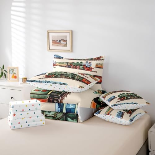 Erosebridal Boys Train Twin 7 Pieces Bedding Set for Home, Vintage Steam Train Bed in A Bag, Steam Engine Comforter Set with Sheets, Transportation Vehicle Bed Sets for Kids Teen Men Bedroom
