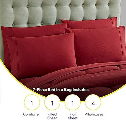 Sweet Home Collection 7 Piece Comforter Set Bag Solid Color All Season Soft Down Alternative Blanket & Luxurious Microfiber Bed Sheets, Burgundy, Full
