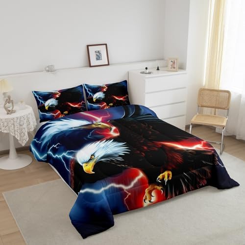 Eagle American Flag Comforter Set Queen Size,3D Lightning Raptor Bird Animal Bedding Set 3pcs for Kids Boys Teens Men Room Decor,Wild Animals Quilt Set Black Chic Quilted Duvet, 2 Pillowcases
