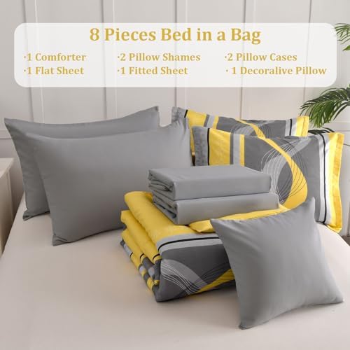 Anibedding Yellow and Grey Comforter Set King Size,8 Pieces Bed in a Bag Patchwork Striped Bedding Sets,Boho Soft Microfiber Bedding Set for All Season(104"×90")