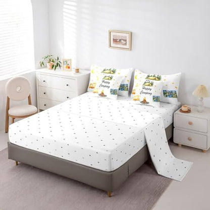 Erosebridal Happy Camping Bedding Set for Kids Teens,Camping Lovers Comforter Set Twin Size,Cartoon Moon Stars (Comforter+Fitted+Flat Sheet+2 Pillowcases+2 Throw Pillow Covers) 7 Pieces Bed Set