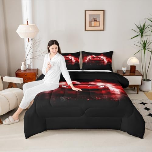 Sports Car Comforter Red Race Car Bedding Sets for Kids Boys Girls Extreme Sports Theme Comforter Set Cool Speed Luxury Cars Decor Quilt Set with 2 Pillowcases 3Pcs Bedding King Size,Black and Red