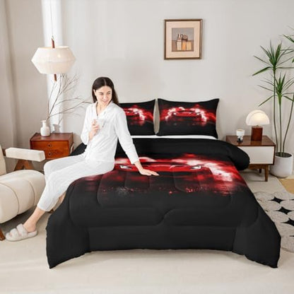 Sports Car Comforter Red Race Car Bedding Sets for Kids Boys Girls Extreme Sports Theme Comforter Set Cool Speed Luxury Cars Decor Quilt Set with 2 Pillowcases 3Pcs Bedding King Size,Black and Red