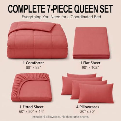 CozyLux Queen Comforter Set Coral - 7 Pieces Bed in a Bag
