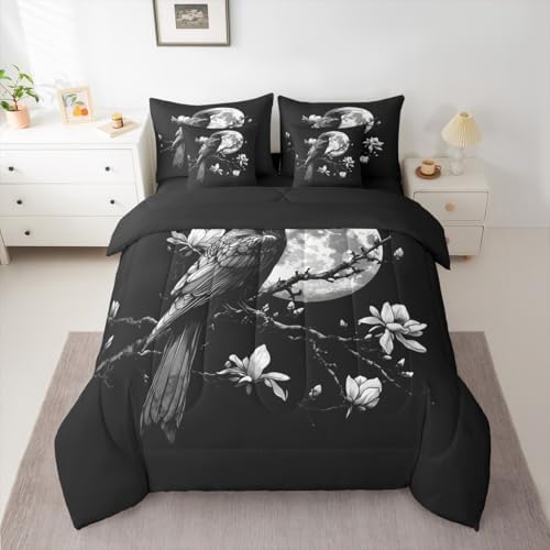 Erosebridal Vintage Raven 7 Piece Bedding Set Twin Gothic Moon Comforter Set with Sheets Dark Black Bird Bed in a Bag Mysterious Florals Horror Wild Animal Bed Sets Comforter