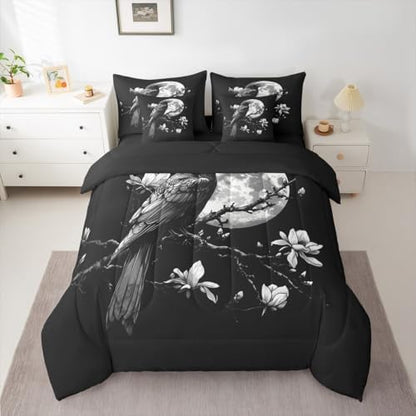 Erosebridal Vintage Raven 7 Piece Bedding Set Twin Gothic Moon Comforter Set with Sheets Dark Black Bird Bed in a Bag Mysterious Florals Horror Wild Animal Bed Sets Comforter