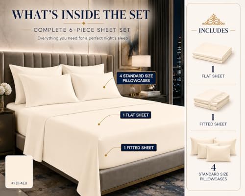 100% Egyptian Cotton Full Bed Sheets Set 6Pc, 16" Deep Pocket Sheets, Ivory