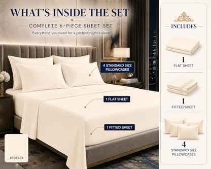 100% Egyptian Cotton Full Bed Sheets Set 6Pc, 16" Deep Pocket Sheets, Ivory