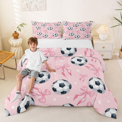 Coquette Soccer Down Comforter Queen Size,Pink Ribbon Bowknot Bedding Sets 3Pcs for Kids Teens Woman Men Room Decor,Cute Stars Pattern Quilted Duvet Sports Bow Game Bedspread,2 Pillowcases