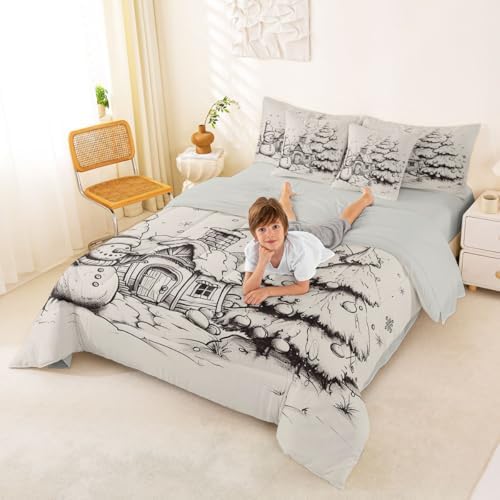 Erosebridal Christmas Tree 7 Pcs Comforter Set King, Hand Drawn Snowman Bedding for Kids Adults, Christmas House Winter Illustration Bed in A Bag Sheet Set, Grey Ball Bed Set