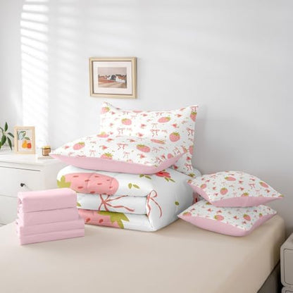 Pink Strawberry Bed in a Bag King Size Comforter Set 7 Pieces,Cute Ribbon Bowknot Sheet Set,Kawaii Bow Knot Bedding Set,Dreamy Princess Girly Bed Set Boho Floral Flowers Pink Decor for Bedroom