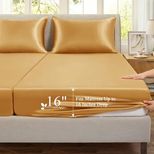 SiinvdaBZX 5-Piece Gold Satin Sheets Split King Size Set