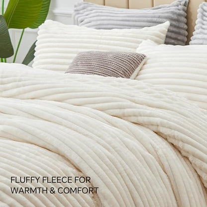 BEDELITE Fleece King Comforter Set, Fluffy Bed Set, Cream White