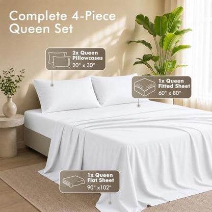 Queen Sheets Set, 4 Pcs 16" Deep Pocket Hotel Luxury Bed Sheets, White